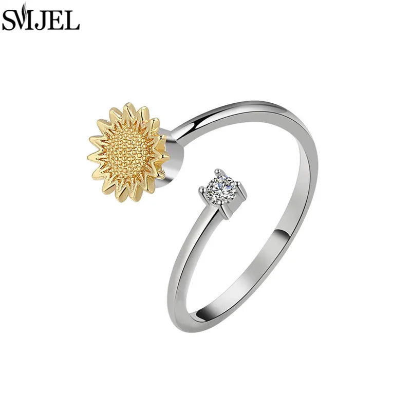 Korean Fashion Daisy Spinner Fidget Ring Multiple Style Sunflower Rose Snowflake Rotate Freely Anti Stress Anxiety Rings Wedding