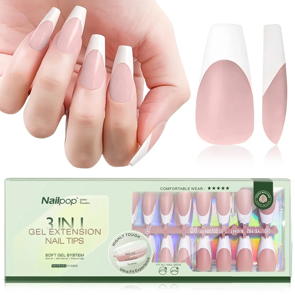 150PCS Short Coffin Press on Nails 3 in 1 Coat Soft Gel Nail Tips French Tip 15 Sizes