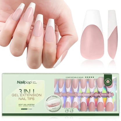 150PCS Short Coffin Press on Nails 3 in 1 Coat Soft Gel Nail Tips French Tip 15 Sizes