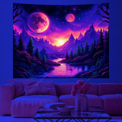 Galaxy Space Landscape UV Reactive Tapestry Trippy Planet Mountain River Neon Art Wall Tapestries for Bedroom Dorm Party Decor
