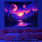 Galaxy Space Landscape UV Reactive Tapestry Trippy Planet Mountain River Neon Art Wall Tapestries for Bedroom Dorm Party Decor