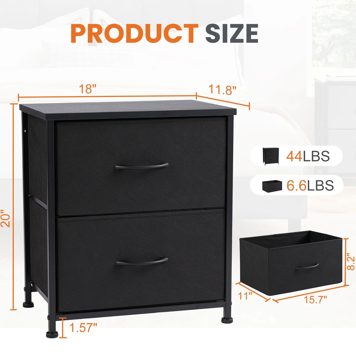 Nightstand  Storage  For Bedroom with 2 Fabric Drawers JHK