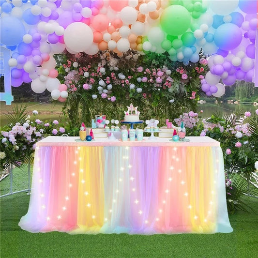 Tulle Table Skirt with LED Lights 6FT Table Cloth for Baby Shower Wedding Birthday Party Bar Home Table Valentine's Day Decor