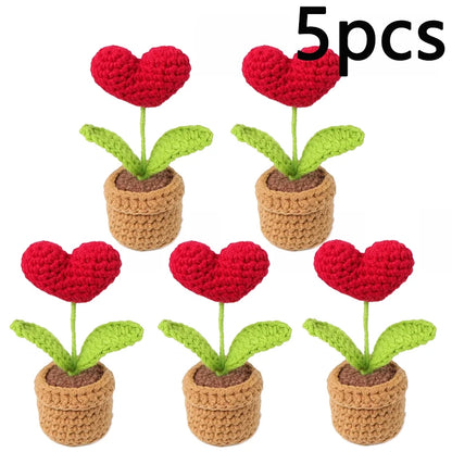 1/2/3/5Pcs Handmade Knitted Flower Pot Red Heart Shaped Knit Imitation Potted Plant for Mother‘s Day Girls Gifts Home Desktop De