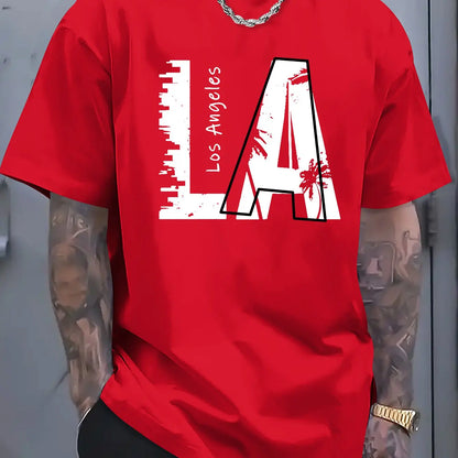Men's summer 100 cotton fashionable casual loose plus size Los Angeles letter printed sports round neck short sleeved T-shirt
