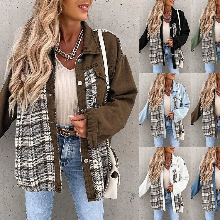 Women’s Long Sleeve Denim Jacket – Punk Plaid Print Button‑Up Irregular Shirt Jacket