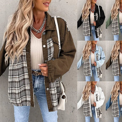 Women’s Long Sleeve Denim Jacket – Punk Plaid Print Button‑Up Irregular Shirt Jacket