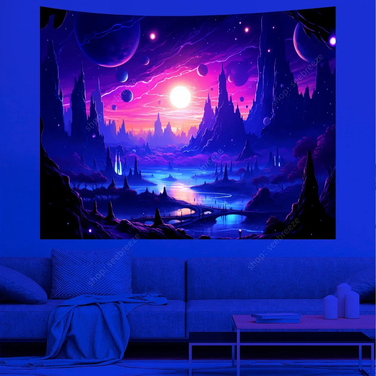 Galaxy Space Landscape UV Reactive Tapestry Trippy Planet Mountain River Neon Art Wall Tapestries for Bedroom Dorm Party Decor
