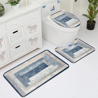 A blue abstract pattern three piece set can be purchased individually or set together for bathroom carpets