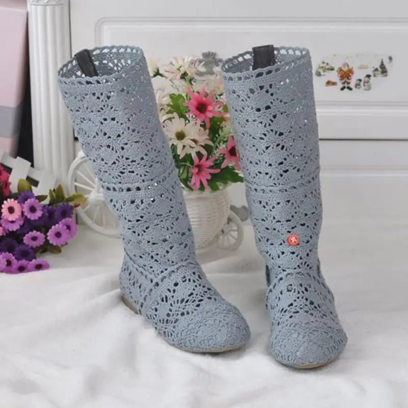 Hollow Boots Shoes Breathable Knit Line Mesh Korean High Summer Women Boots Knee High Womens Shoes