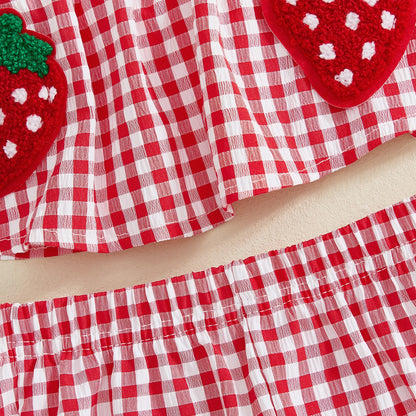 Toddler Baby Girl Summer Clothes Strawberry Outfit Sleeveless Ruffle Tank Top and Red Gingham Plaid Shorts Set 2Pcs