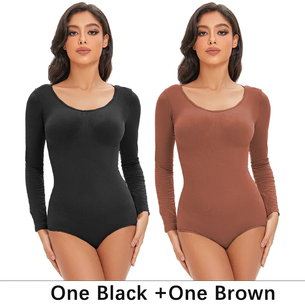 Womens Spandex Elastic Body Suit   Tummy Control Long Sleeve Shapewear Open Crotch