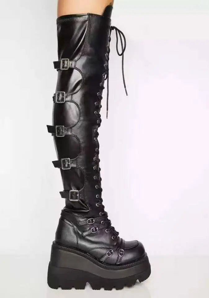 Fashion High Boots Women Platform Wedges Motorcycle Boot Over The Knee Army Stripper Heels Black Lace-up Belt Buckle Long Boots