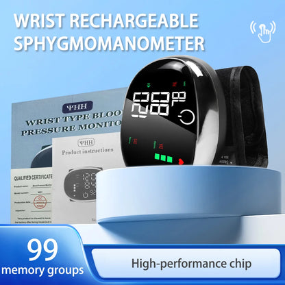 Digital Wrist Blood Pressure Meter Automatic Voice Tonometer Heart Rate Monitor Smart Touch LCD Screen Charge Sphygmomanometer