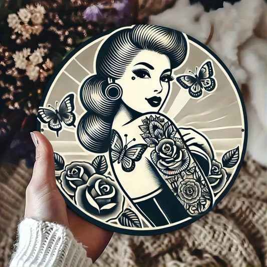 Tattoo Art-Inspired 8x8" Round Aluminum Sign - Vintage Tin Wall Decor for Bars, Cafes, Clubs & Kitchens, Perfect for Room Decor