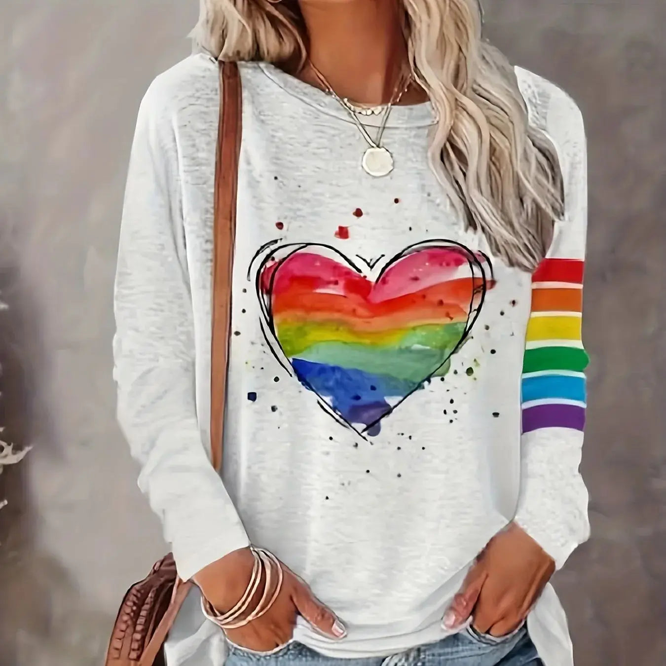 Rainbow Print, Casual Long Sleeve Crew Neck T-shirt