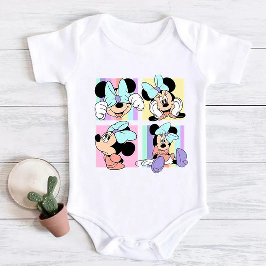 Baby micky mouse print bodysuit white, short sleeve newborn romper 0-24M