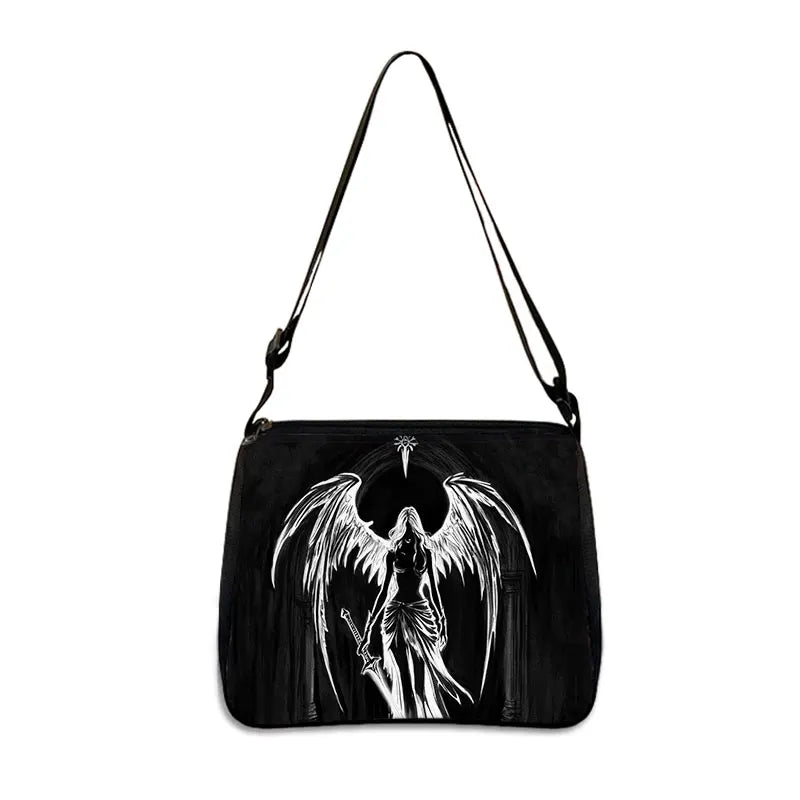 Gothic Black Angel Pattern Women Shoulder Bag Demon Punk Handbags for Travel Key Purse Phone Holder Messenger Bag Crossbody Bag