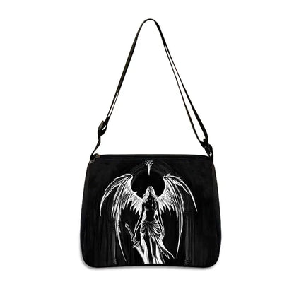 Gothic Black Angel Pattern Women Shoulder Bag Demon Punk Handbags for Travel Key Purse Phone Holder Messenger Bag Crossbody Bag