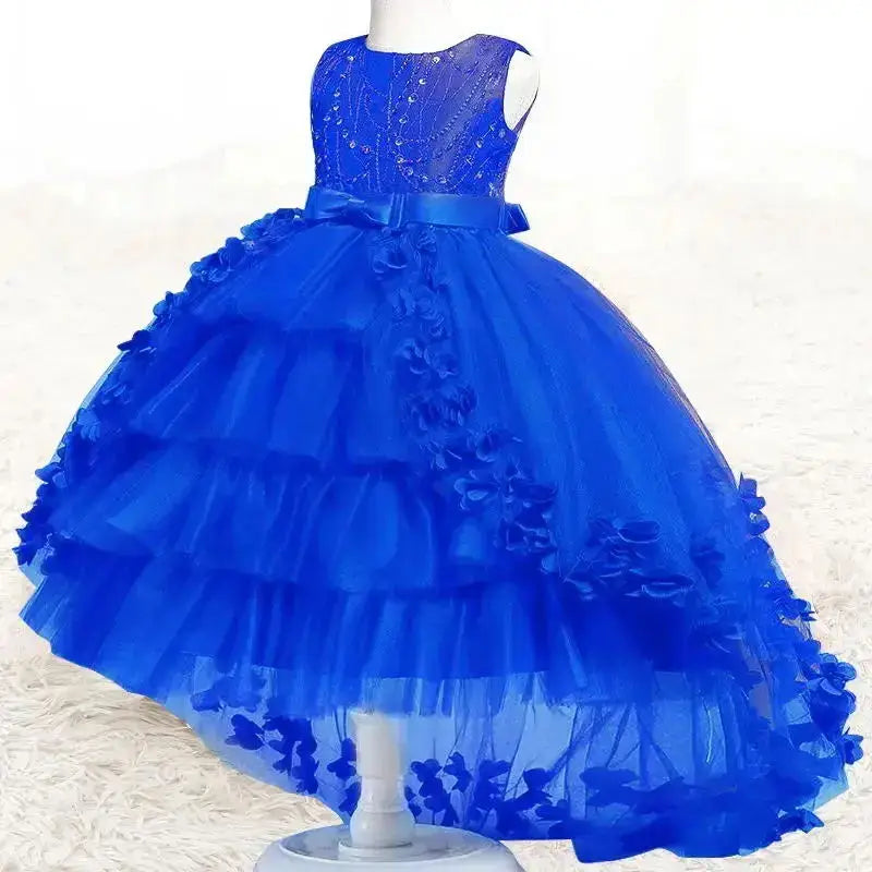 Party Embroidered Sticker Tailcoat Flower Girl Birthday Party 3-12  Sequin Dress