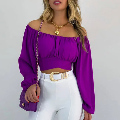 Women's Sexy Off-Shoulder Puff Sleeves Lace-up Tops Navel-Baring Shirts One-Colored Elegant Ladies Bright Color T-Shirt Tops