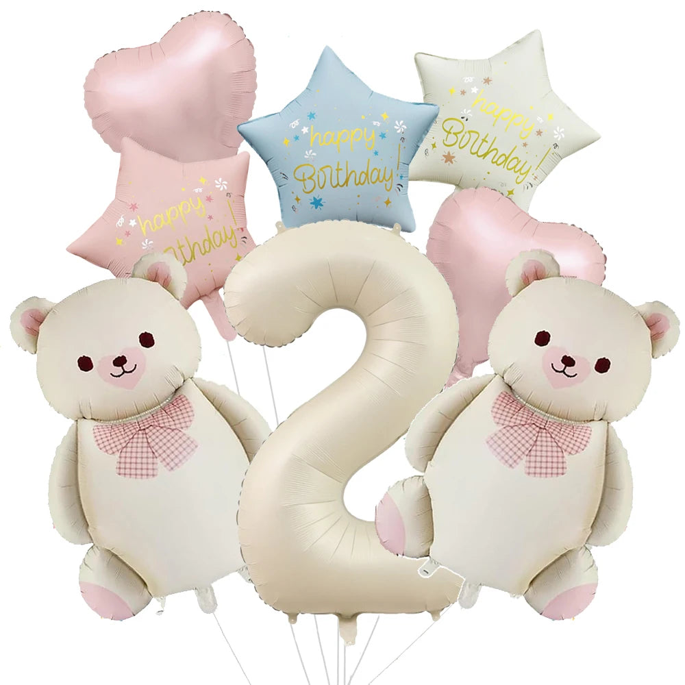 Cute Teddy Bear Party Birthday Number Balloons Large Retro Brown Bear Foil Balloon Set 8 pcs Baby Shower Birthday Party Decor