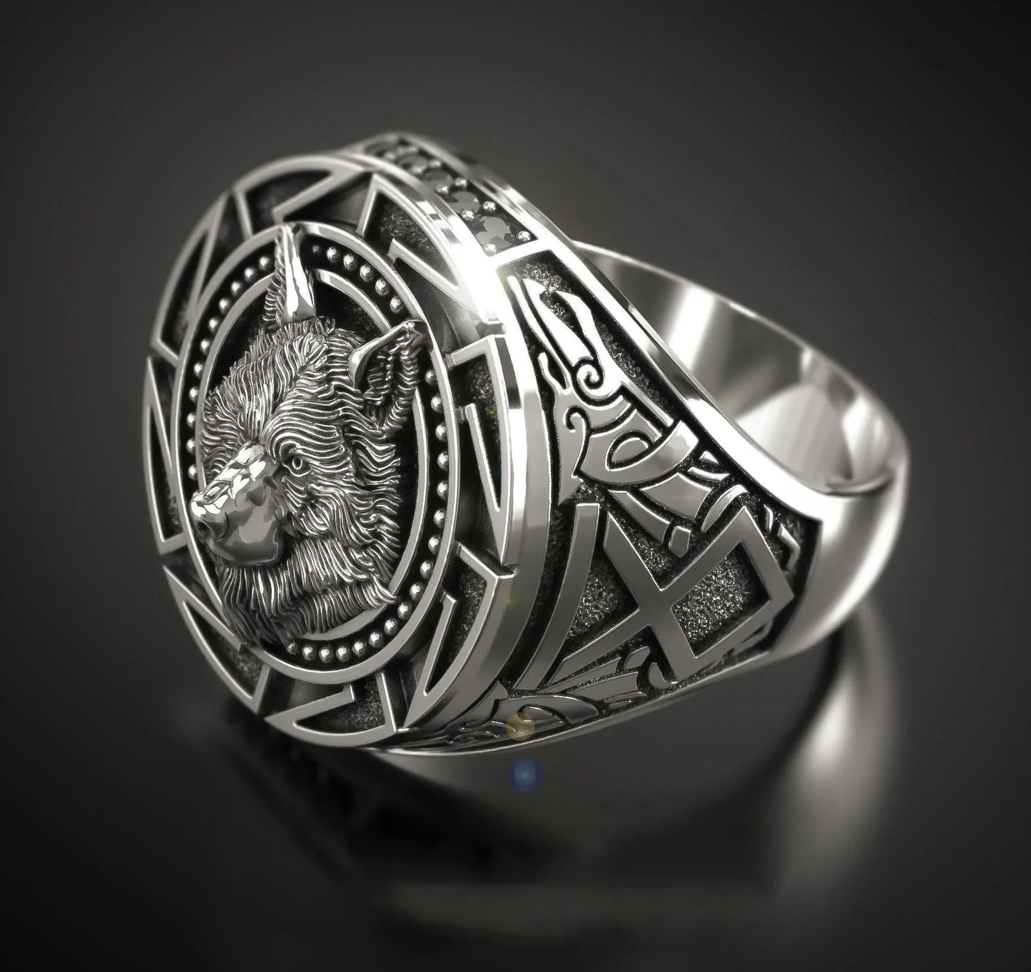 Retro 925 Sterling SilverTotem Thai Warrior Wolf Head Men's Ring