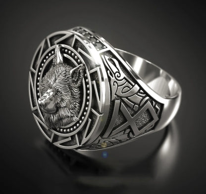 Retro 925 Sterling SilverTotem Thai Warrior Wolf Head Men's Ring