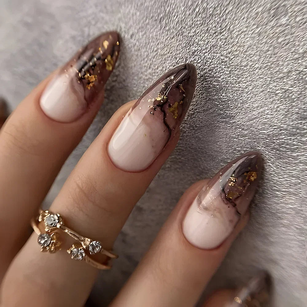 24Pcs False Full Cover Press on Nail Tips Purple Heart Almond  with Glue