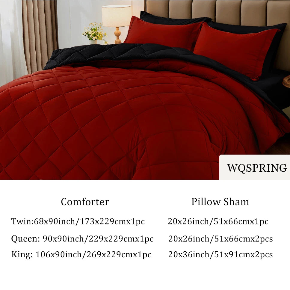 2/3pcs Reversible Comforter Set, All Season Bedding Set with Comforter, Pillow Shams, Red & Black, Down Alternative Duvet Insert