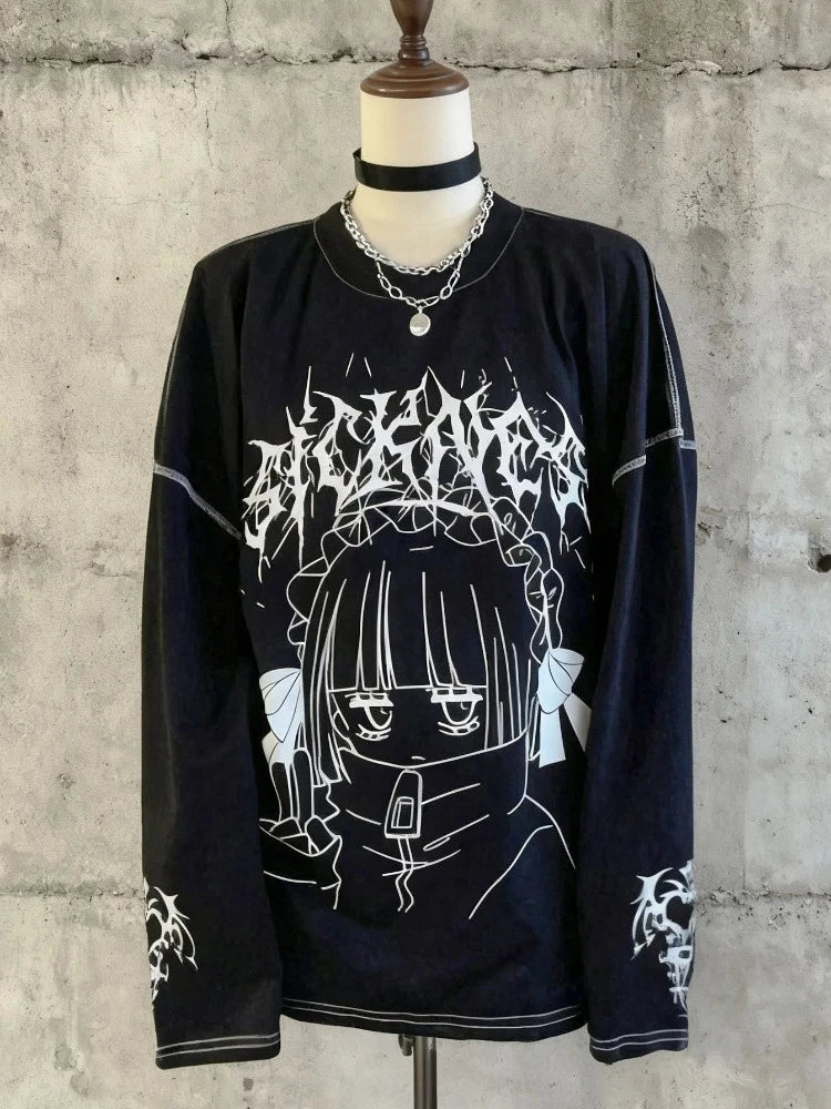Subculture T Shirts Y2K Clothing Tees for Women  Gothic Punk Harajuku Gothic Unique T-shirts Fashion Japanese Kawaii Long Sleeve