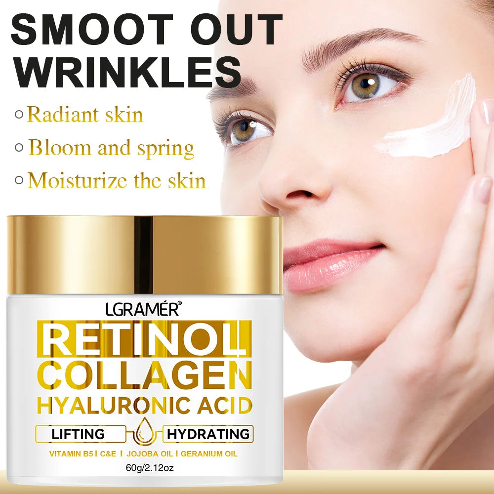 Retinol Anti-Aging Face Cream: Moisturizing wrinkle Remover with Collagen and Hyaluronic Acid, available in 30ML and 60ML.