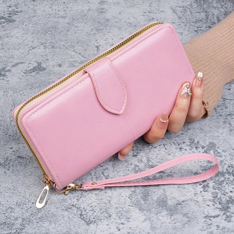 Hot selling cross-border oil wax zipper wallet for women, European and American retro card bag, large capacity mobile phone bag,