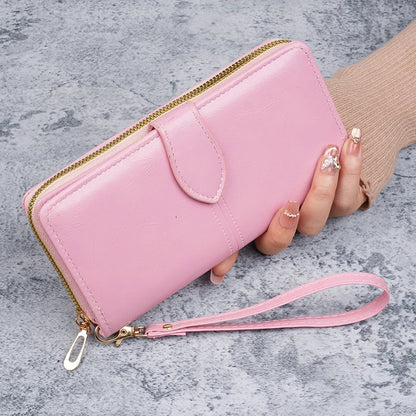 Hot selling cross-border oil wax zipper wallet for women, European and American retro card bag, large capacity mobile phone bag,