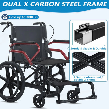 18“Large wheels Wheelchair with Hand Brake Lightweight Foldable Wheelchair for Elderly, Durable Home & Outdoor Patient