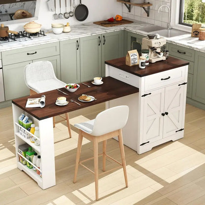 Extendable 76” Kitchen Island Cart — Power Outlet, Spice Rack, 2 Stoppers