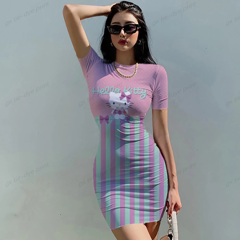 Women Hello Kitty Print Mini High Waist Casual Short Sleeve Dress