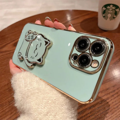 Lucky Cat Folding Stand Silicone Phone Case for iPhone 16 15 14 Pro Max 13 12  Plus XR  Max 11 Luxury Plating Case