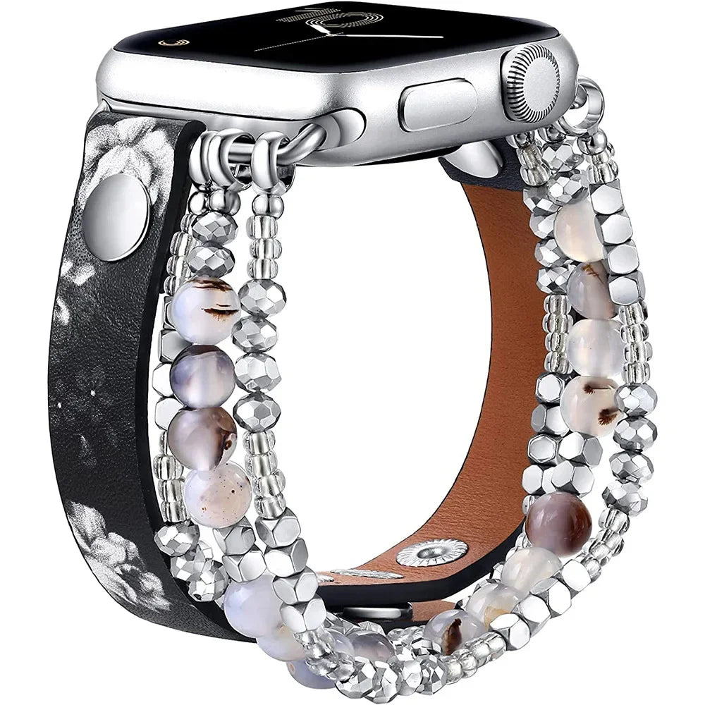 Leather Strap For Apple Watch Ultra 2 Band 49mm 40mm 46mm 41mm Women Elastic Beaded Bracelet Iwatch Series 10 9 8 7 6 SE 5 45mm