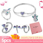 Pink Heart Bracelet Set 925 Silver Original Flower Ring Butterfly Earrings & Gift Box For Women Wedding Jewelry Best Wish 5pcs