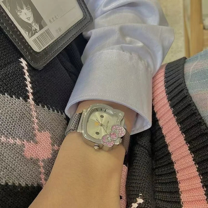 Anime Sanrio Hello Kitty Diamond Watch Kt Cat Kawaii Pink Ladies Gold Sliver Metal Jewelry Cartoon Magnetic Watch Birthday Gifts