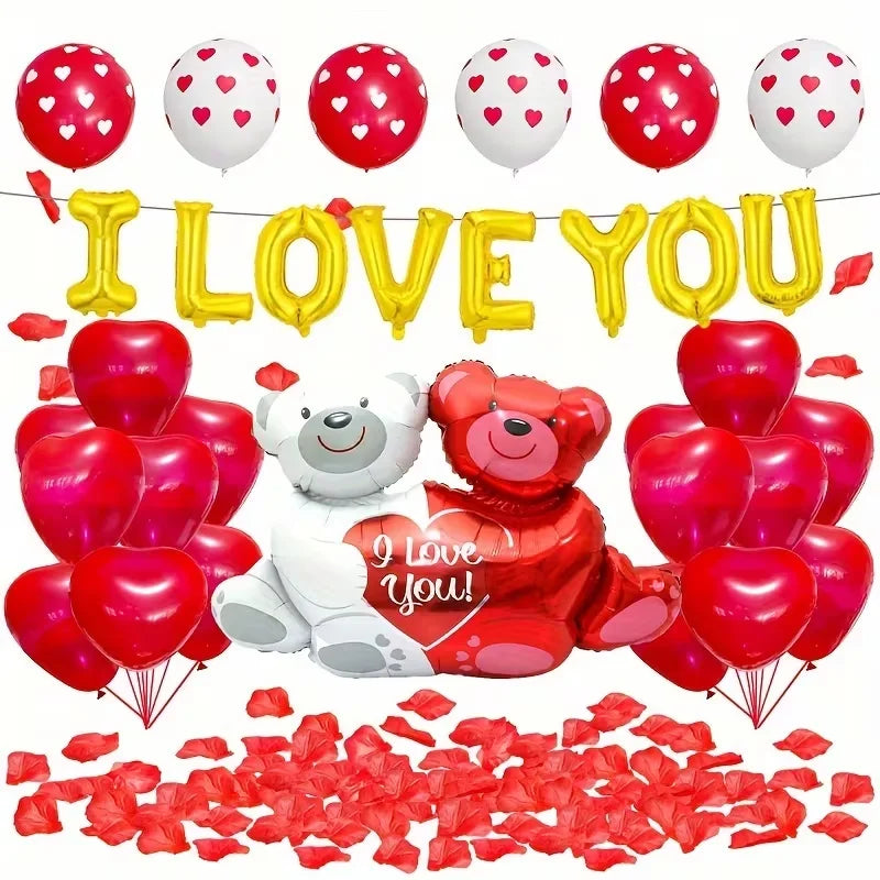 Valentine’s Day Foil Balloon Set – “I Love You” Letters, Hearts & Bear Romantic Party Decor