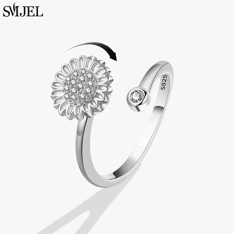 Korean Fashion Daisy Spinner Fidget Ring Multiple Style Sunflower Rose Snowflake Rotate Freely Anti Stress Anxiety Rings Wedding