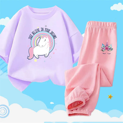 Teens Girls' 2-Piece Fashion Outfit: Princess Short Sleeve T-Shirt and Long Pants Tracksuit Set