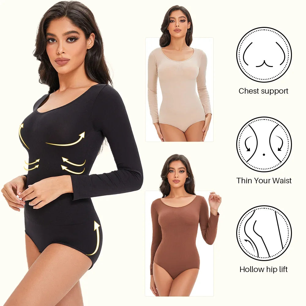 Womens Spandex Elastic Body Suit   Tummy Control Long Sleeve Shapewear Open Crotch