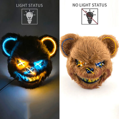 LED Glowing Cosplay Bloody Rabbit Mask Halloween Scary Killer Bloody Bunny Bear Headgear Carnival Masquerade Horror Costume Prop