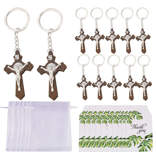 36 Pcs/12 Sets Handmade Wooden Cross Keychains Set, Suitable For Baptism, Religious Gifts, First Communion Gifts, Catholic Gifts