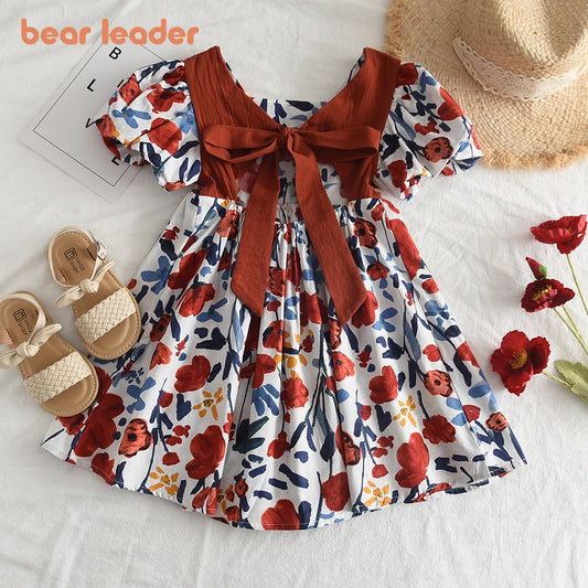Girl Summer Floral Princess Dress Backless Tie Bow Puff Sleeve