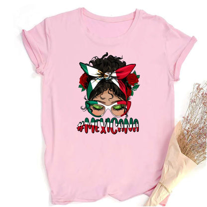 Mexicana Printed Women Top Women's Mexican Flag Pattern Casual T-shirt Summer Round Neck Short Sleeve Shirts Outfits