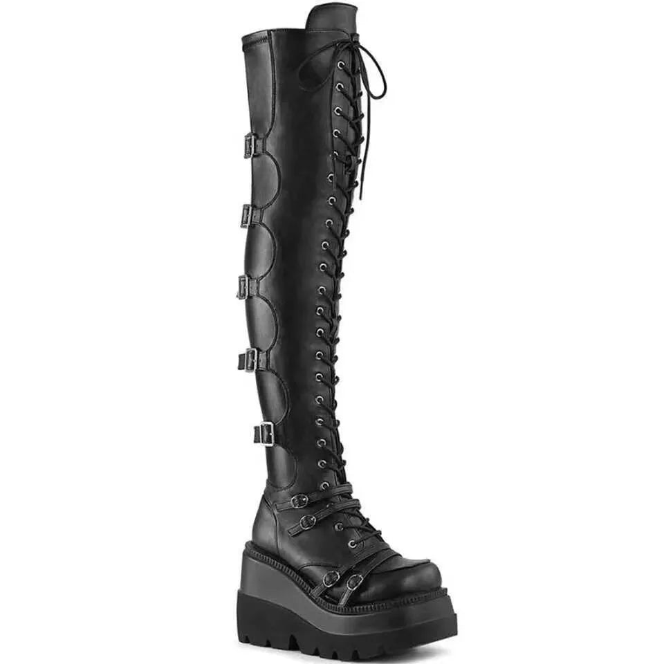Fashion High Boots Women Platform Wedges Motorcycle Boot Over The Knee Army Stripper Heels Black Lace-up Belt Buckle Long Boots